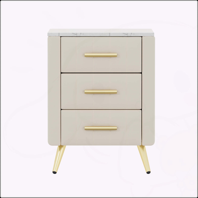 Table de chevet rembourrée en bois avec 3 tiroirs et pieds en métal