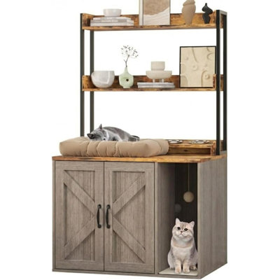 55" Wooden Cat Litter Box Enclosure with Hidden Litter Box, Built-In Charging Sockets, 2 Storage Shelves, Large Indoor Cat House Cabinet for Living Room or Entryway