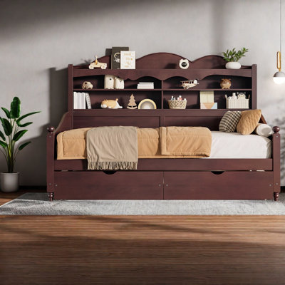 Lits simples en bois espresso avec tiroirs de rangement, style rétro pour la maison