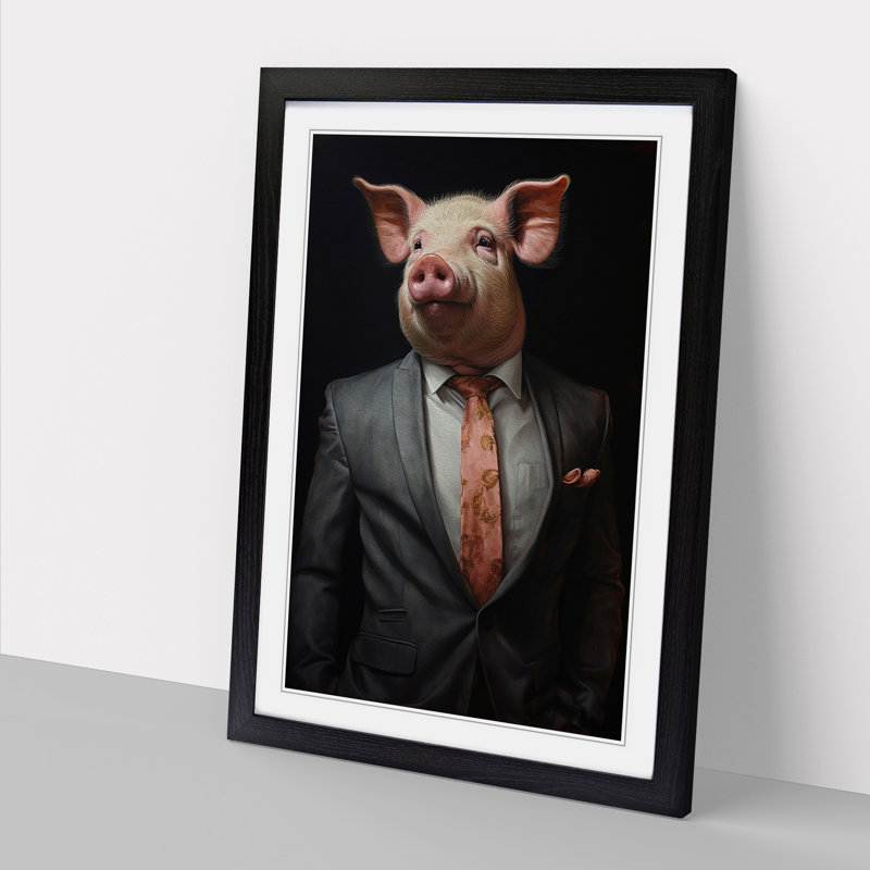 Pig In A Suit No.3 - Single Picture Frame Print on Wood, 34cm H x 25cm W x 2cm D, Black