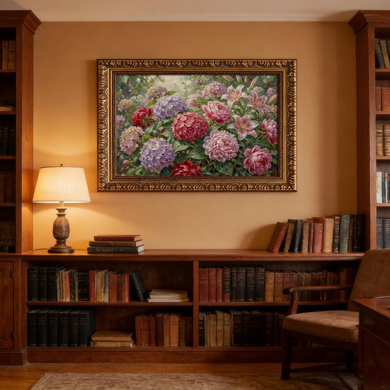 Cadre mural vintage orné d'hortensias et de pivoines – Cadre décoratif doré pour œuvres d'art., L 20 po x l 30 po