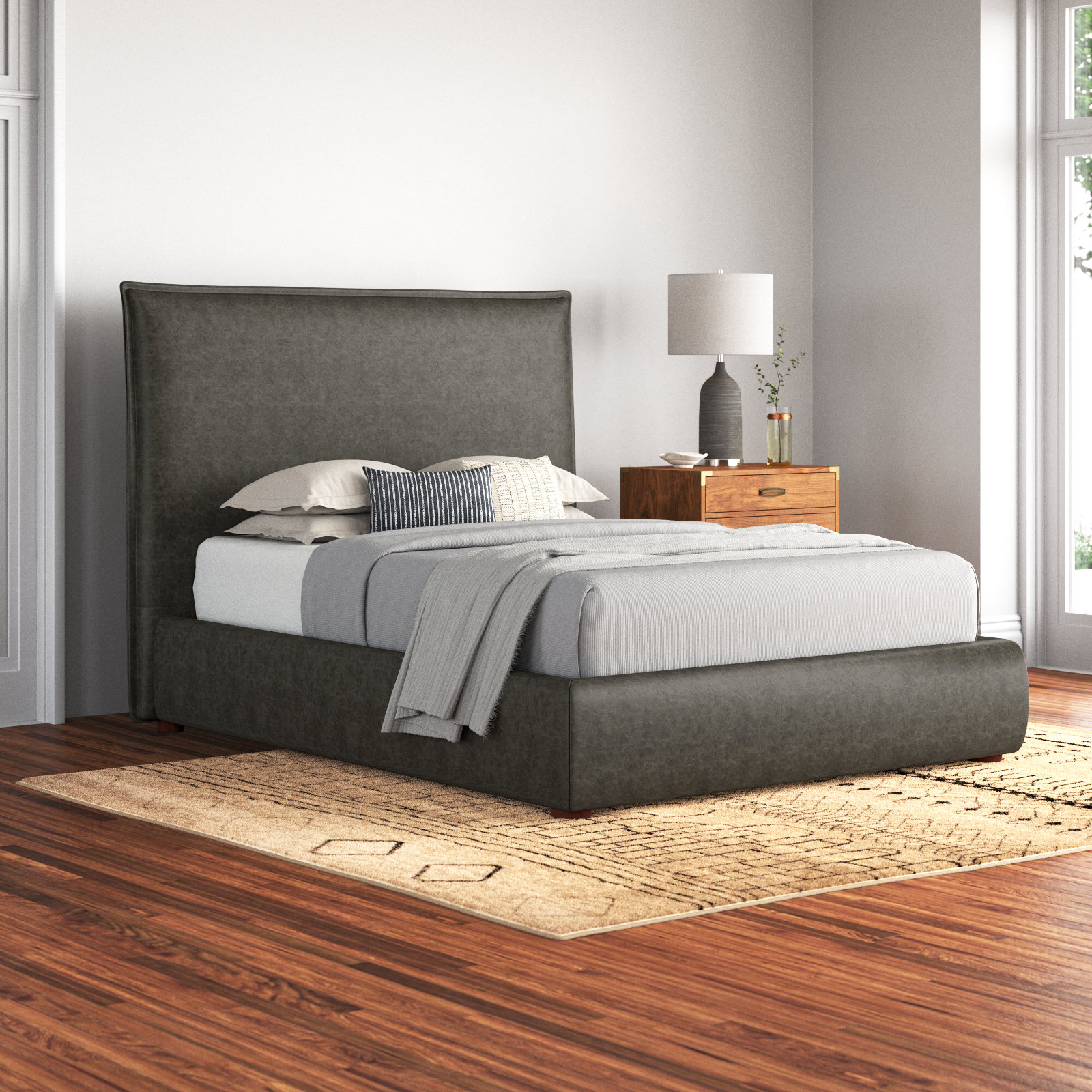 Timothy Upholstered Low Profile Platform Bed, Queen, Dark Grey Faux Leather, 54
