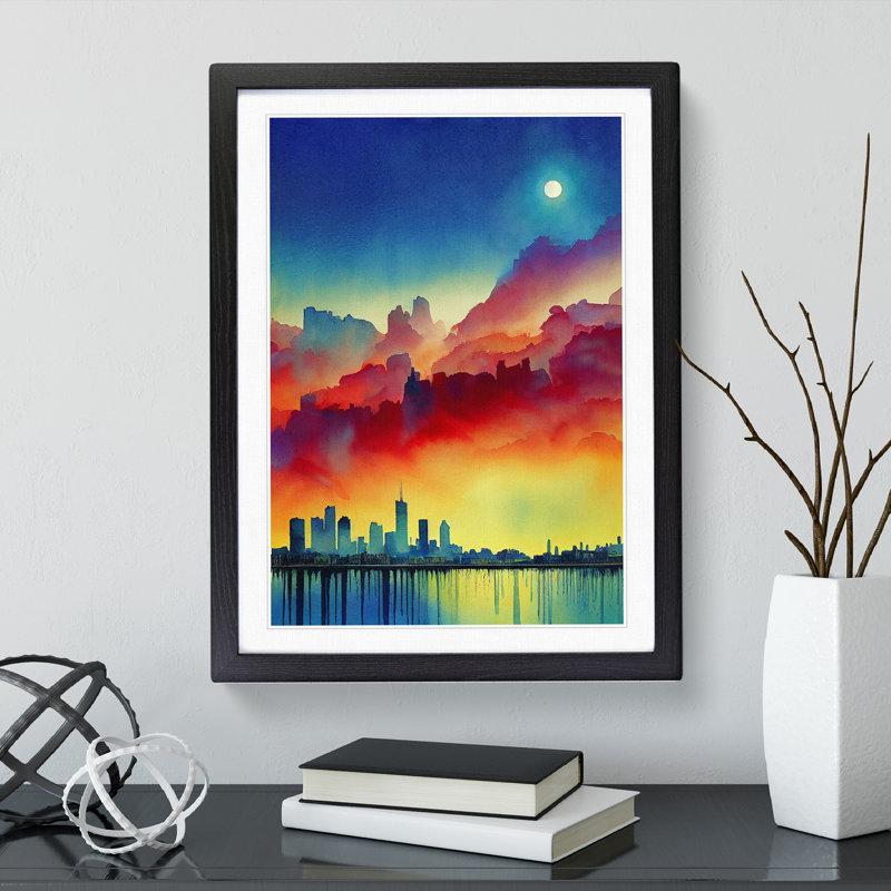 City Skyline In Watercolour No.6 - Single Picture Frame Painting, Black, 64cm H x 46cm W x 2cm D