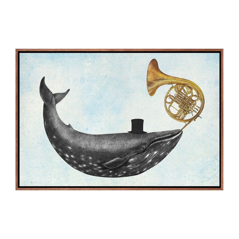 «Whale Song Blue» par Terry Fan - impression d'art graphique, H 26 po x l 40 po x 1,5 po, Toile avec cadre brun, Pas de tapis