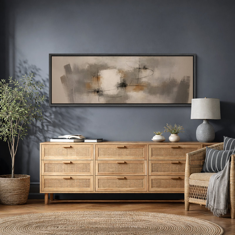 Soft Neutral Abstract Artwork with Linear Black Accents, Living Room Pictures, Framed Canvas Giclee Print Wall Art