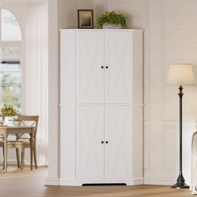 Farmhouse Corner Cabinet, 6-tier Kitchen Pantry Cabinet With 4 Adjustable Shelves, 2 Doors Storage & Spacious Hutch For Kitchen, Living Room, White