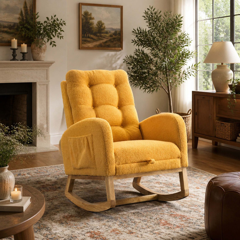 Chaise berçante d'appoint jaune avec repose-pieds à haut dossier en bois d'hévéa