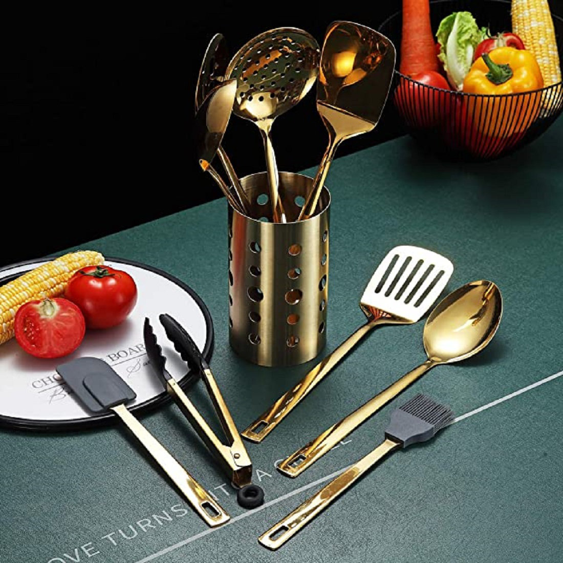 Black and Gold Kitchen Utensils Set with Holder - 7PC Gold Cooking Utensils  Set Includes Black Silicone Cooking Utensils Set and Gold Utensil Holder 