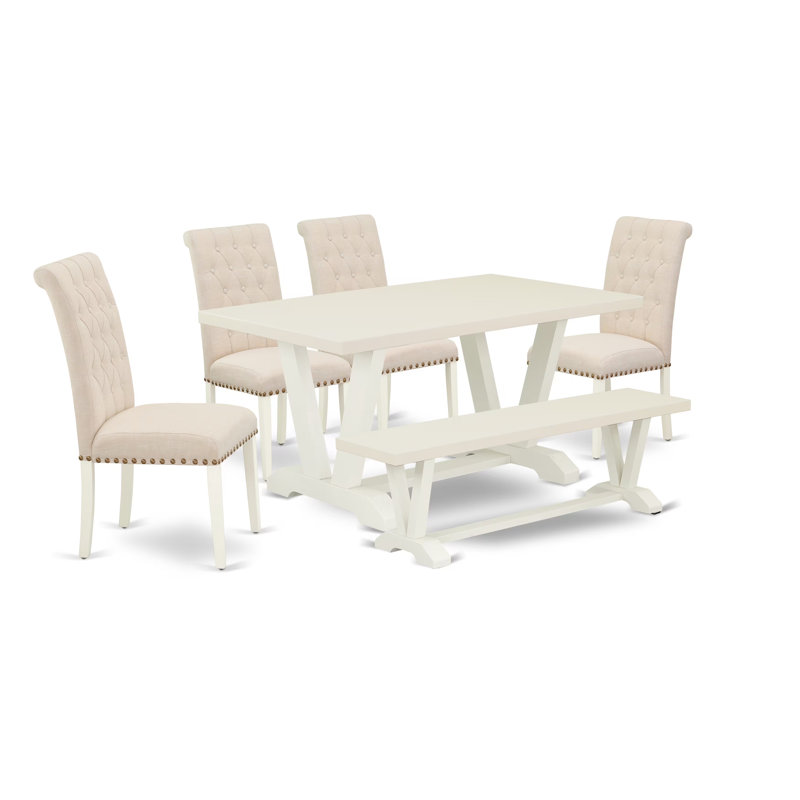 Ensemble de salle à manger 6 pièces comprenant une table de salle à manger rectangulaire avec pieds en V et 4 chaises Parson en tissu de lin beige clair avec banc, multicolore