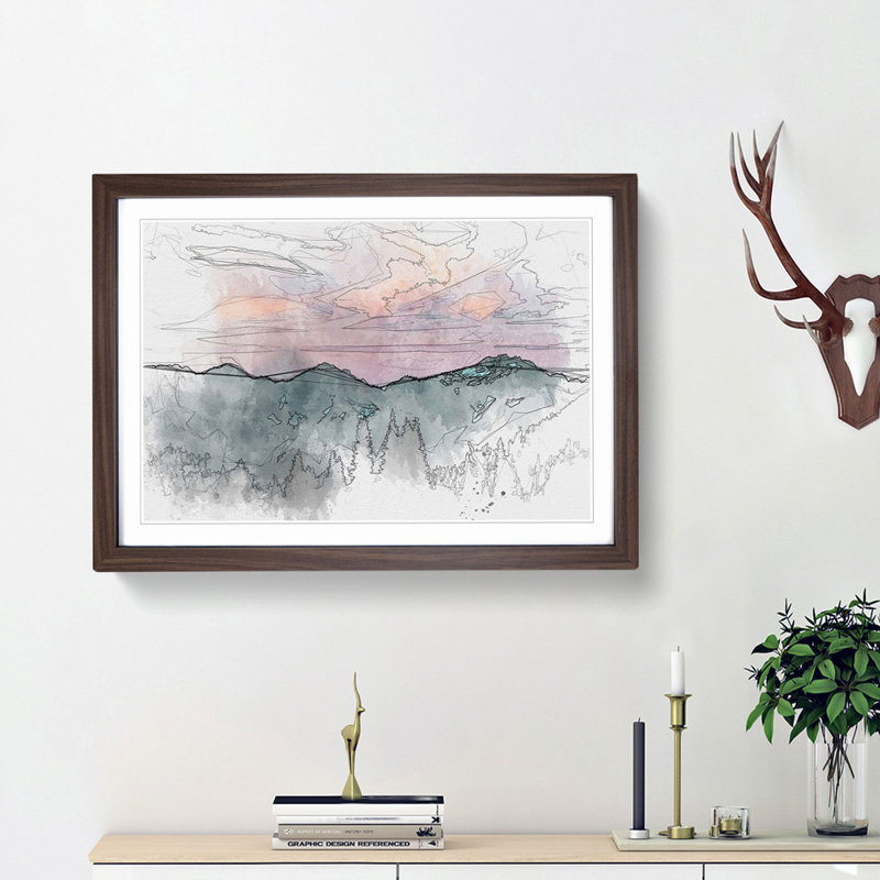 Mountain Divide in Abstract - Picture Frame Drawing Print, Walnut Framed, 27cm H x 36cm W x 2cm D