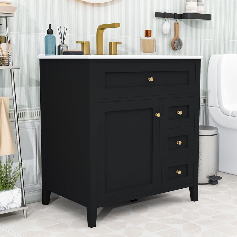 Meuble-lavabo autoportant moderne avec lavabo en céramique lisse, tablettes réglables et tiroirs de rangement, Noir