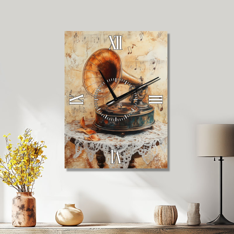 Horloge murale vintage en métal, grande taille, avec mélodie de gramophone des années 1930, H 32 po x l 24 po - Rectangle