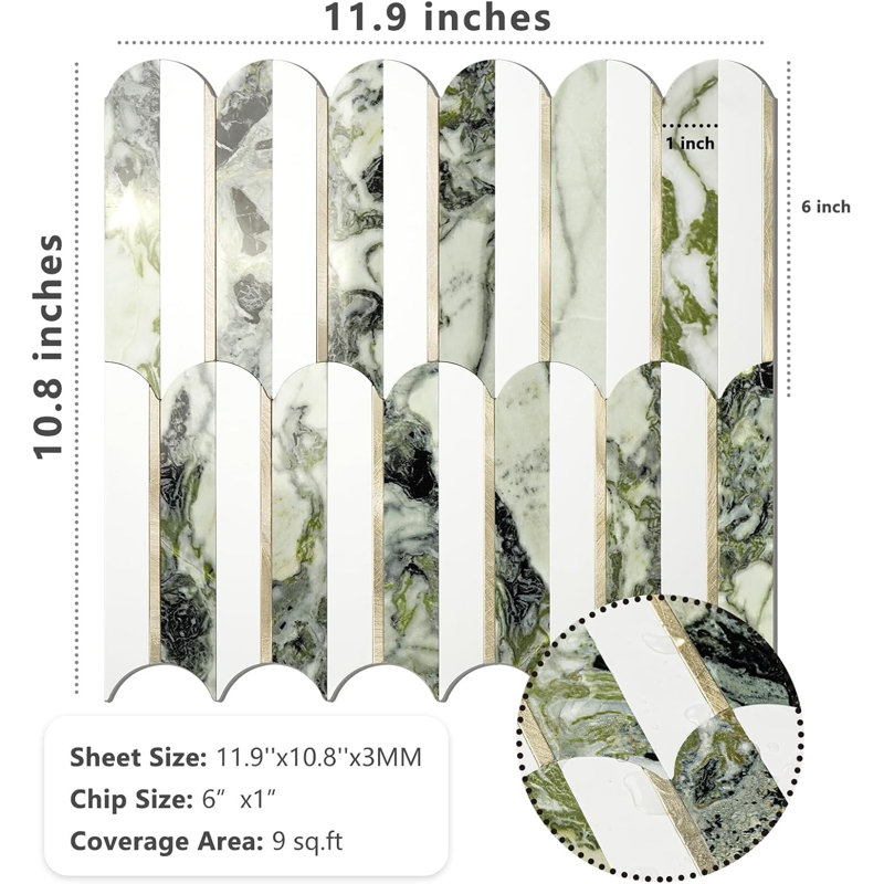 Dosseret à 10 feuilles pour cuisine et salle de bain, blanc pur + marbre vert glacé + or clair
