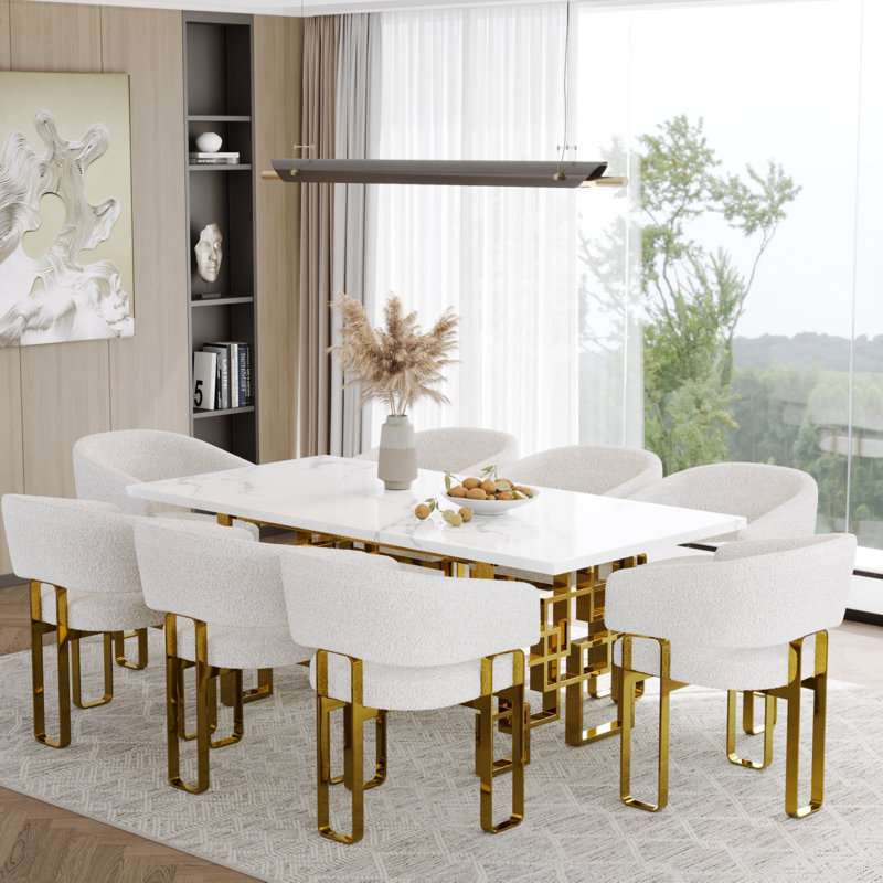 Glam And Luxurious White Boucle Upholstered Barrel Dining Room Chairs With Polished Gold Legs And Armrest, Beige, Gold