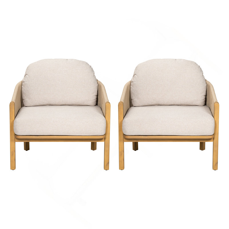 Fauteuil club d'extérieur en bois avec coussin, 2, Beige, Teak