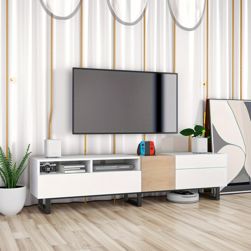 Meuble télé moderne pour téléviseur 80 po - console multimédia avec rangement double, portes rabattables et tablette réglable