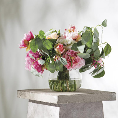 15.5"hx19"wx23"l Peony/ Rosemary In Glass Vase