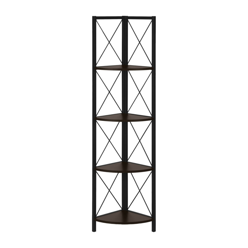 Bookshelf, Bookcase, Etagere, Corner, 4 Tier, 60"H, Office, Bedroom, Laminate, Metal, Contemporary, Modern, Espresso