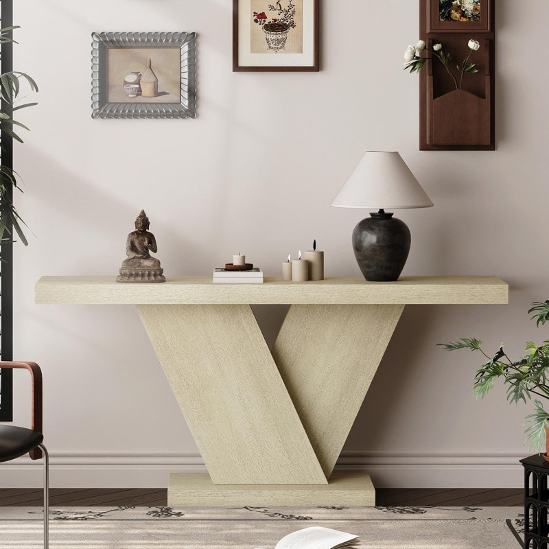 Console de style moderne à 66 pieds en X avec placage en bois massif, table de couloir d'entrée robuste pour les petits espaces, table de chevet étroite de style Mid-Century avec design géométrique et plateau large, chêne délavé