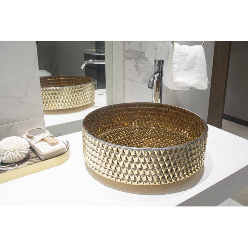 Selected 15.55'' Glass Circular Bathroom Sink, Golden Pink