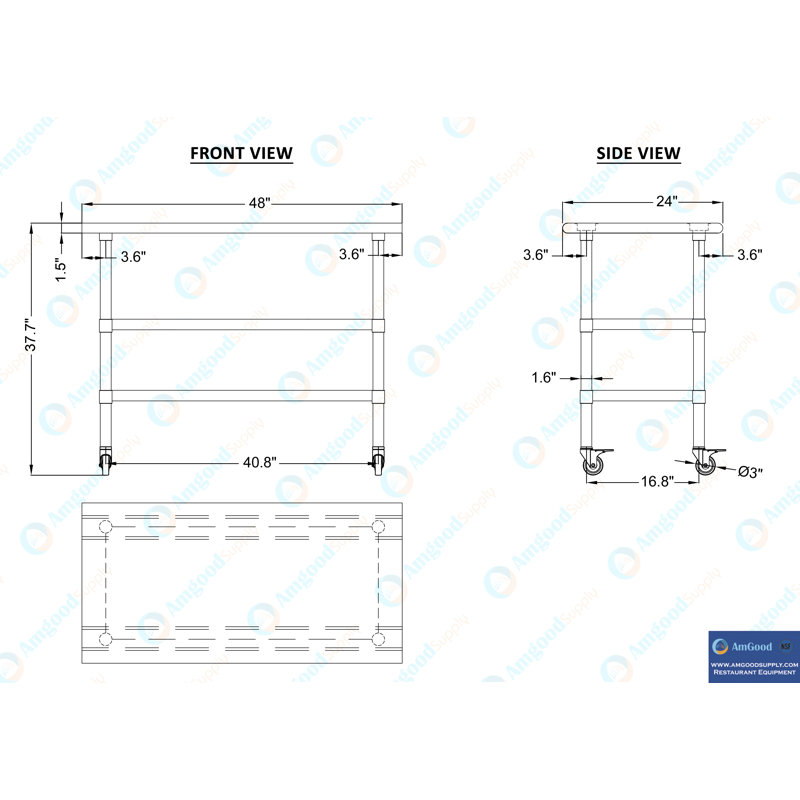 Table de préparation roulante avec plateau en acier inoxydable, H 38 po x l 48 po x P 24 po