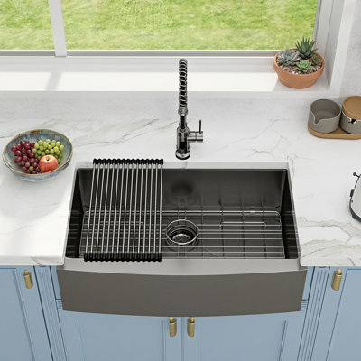 33" L x 21" W Farmhouse Kitchen Sink Gunmetal Black 16 Gauge Stainless Steel Kitchen Sink