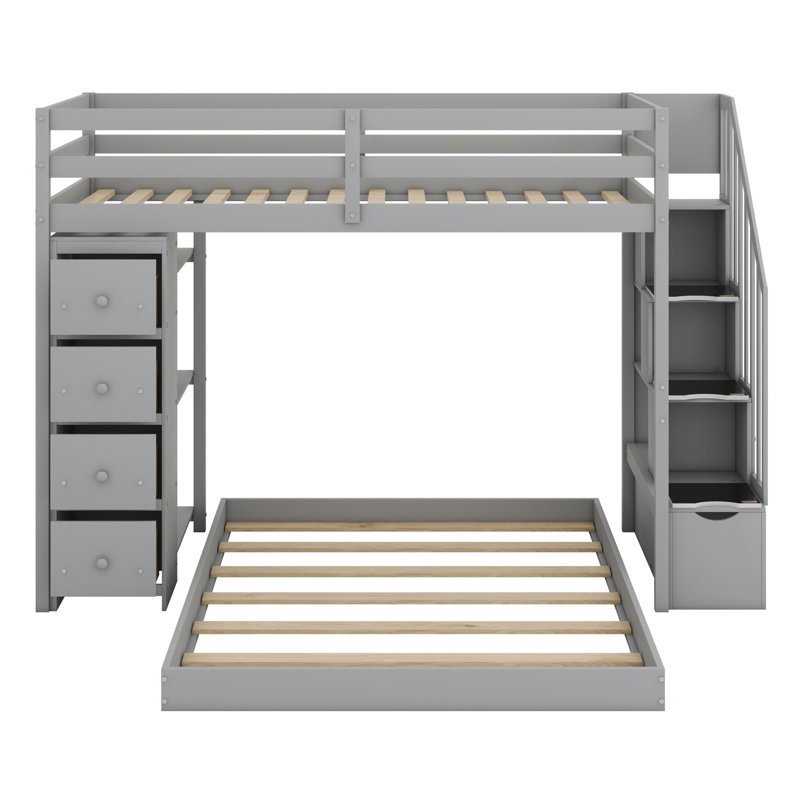 Lit superposé avec tablettes à 3 niveaux, tiroirs et escalier de rangement, Gris