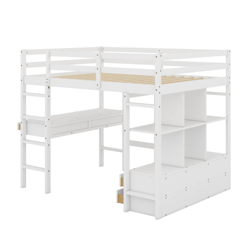 Lit mezzanine double avec bureau et tiroirs, Blanc