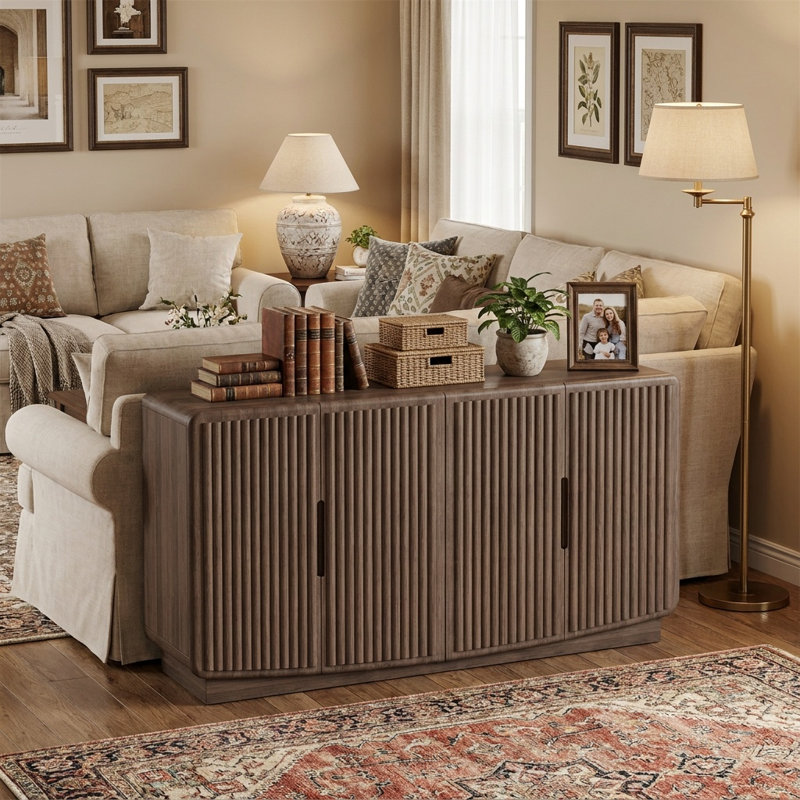 Buffet moderne cannelé 55 po, crédence de rangement en bois à 4 portes avec tablettes réglables pour le salon, tan