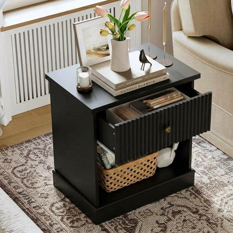 57.7 cm W Solid Wood Bedside Table, Black