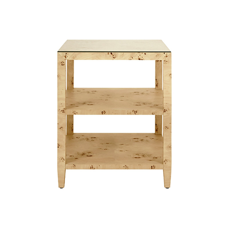 Glass End Table, Burl Wood