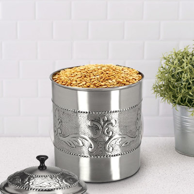 Contenant embossé en acier inoxydable avec couvercle en caoutchouc | Finition étain antique | Magnifique contenant de rangement pour comptoir de cuisine, thé, sucre, café, chariot, boîte à farine | 4 pte