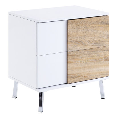 Table de bout moderne en bois avec 2 tiroirs, blanc brillant et aspect naturel pour les tiroirs de rangement de l'espace de vie principal