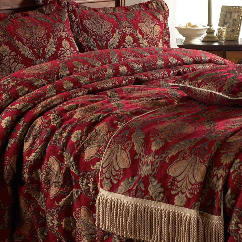 Throw Bed Runner– Embroidered Damask Jacquard Burgundy (Red, 130 X 170Cm)