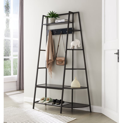 Hall Tree with Storage Bench and Shelf - Entryway Bench with Shoe Storage Hooks and Coat Rack Stand with Shelf - 5 Side Corner Wood Shelves for Home Decor