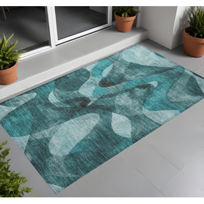 2' X 3' Teal Abstract Washable Non Skid Indoor Outdoor Area Rug
