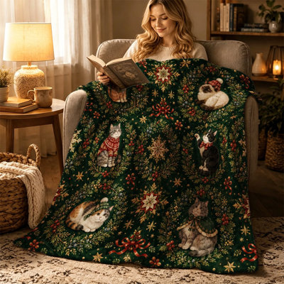 Plaid en flanelle vert foncé à motifs de chats de Noël, cadeau de Noël, 102 x 76 cm. De plus, un sac fourre-tout en toile à motifs de chats et de tuques de Noël vous est offert.