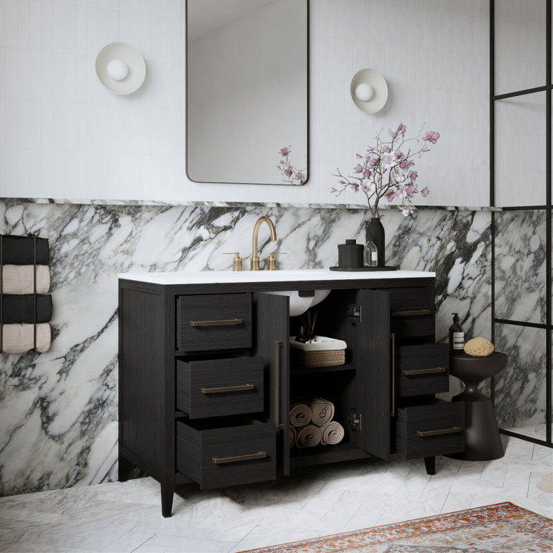 Alsup 48'' Single Bathroom Vanity with Quartz Top, Dark Weathered Oak