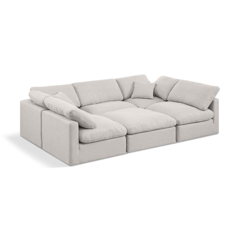Canapé et méridienne rembourrés 6 pièces Itala, Tissu crème texturé en lin