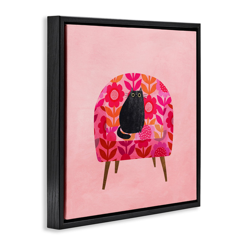 Chat sur cadre rétro de chaise florale, design par Angie Rozelaar, H 25 po x l 25 po, Cadre flottant noir de jais