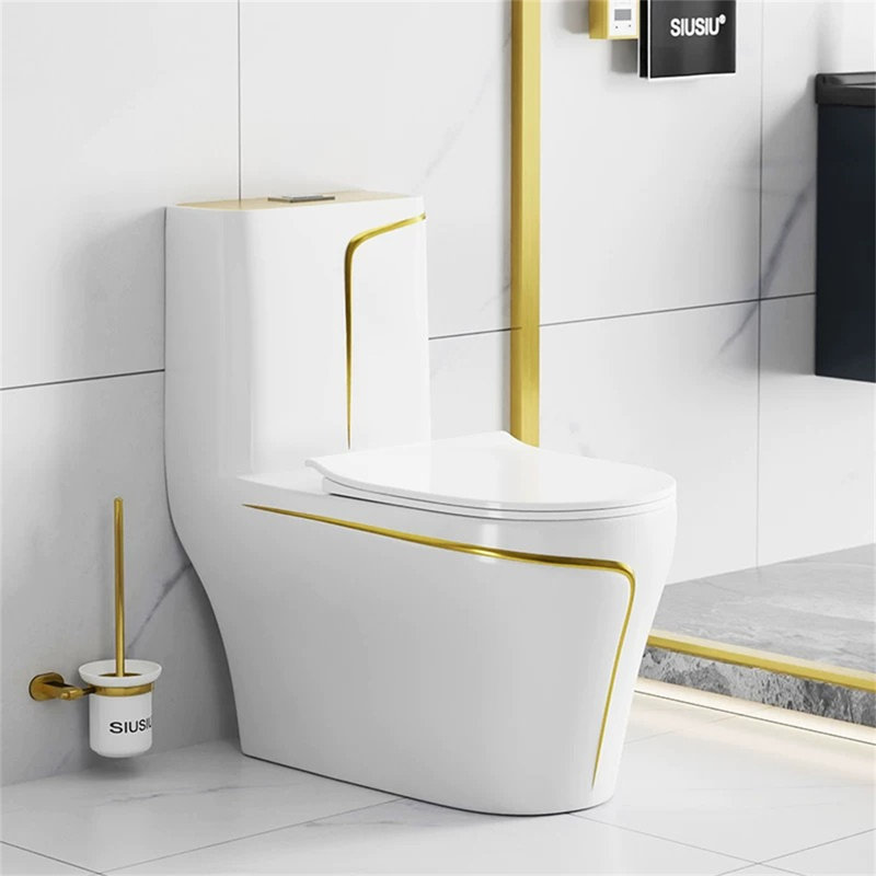 Toilette allongée noire silencieuse et anti-odeur 1,85 gallons par minute (siège inclus), Blanc / Doré