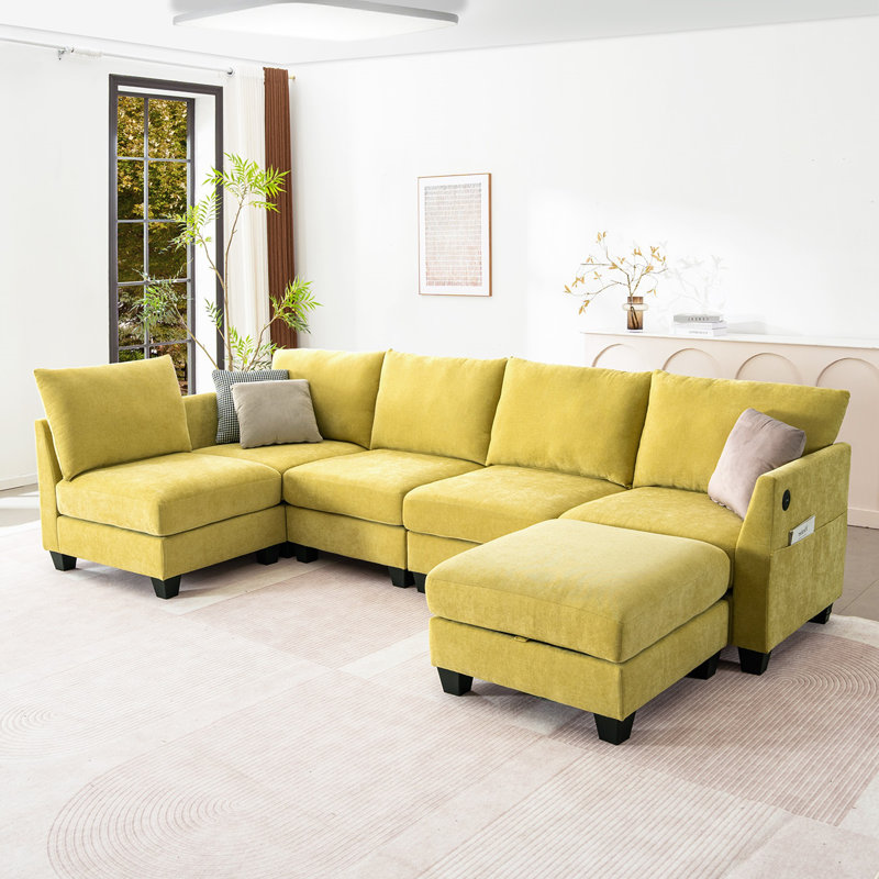 Canapé modulaire de 124 po avec repose-pieds, Jaune