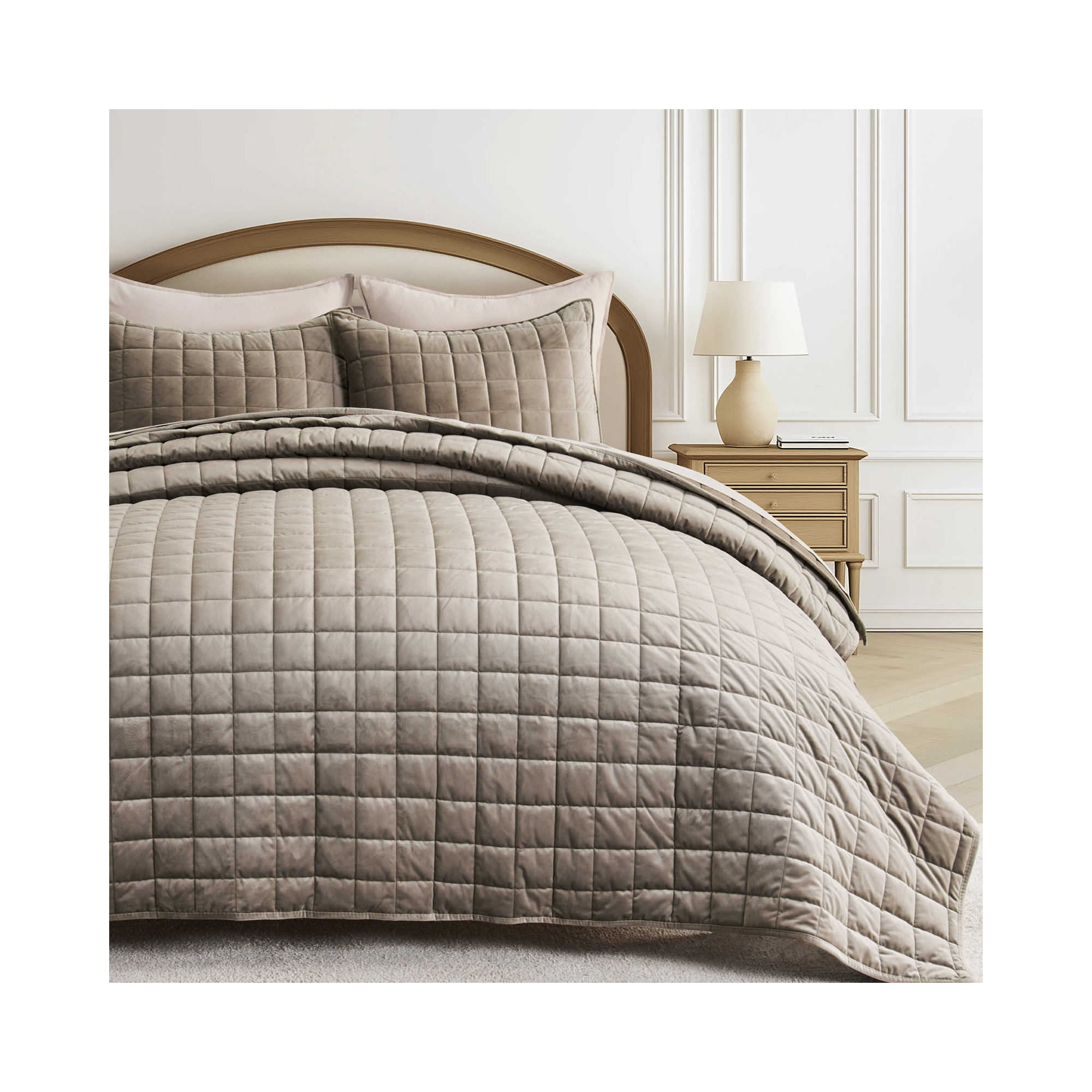 Box Stitch PearlVelvet Quilt set, Mocha Brown, Queen Quilt + 2 Standard Shams