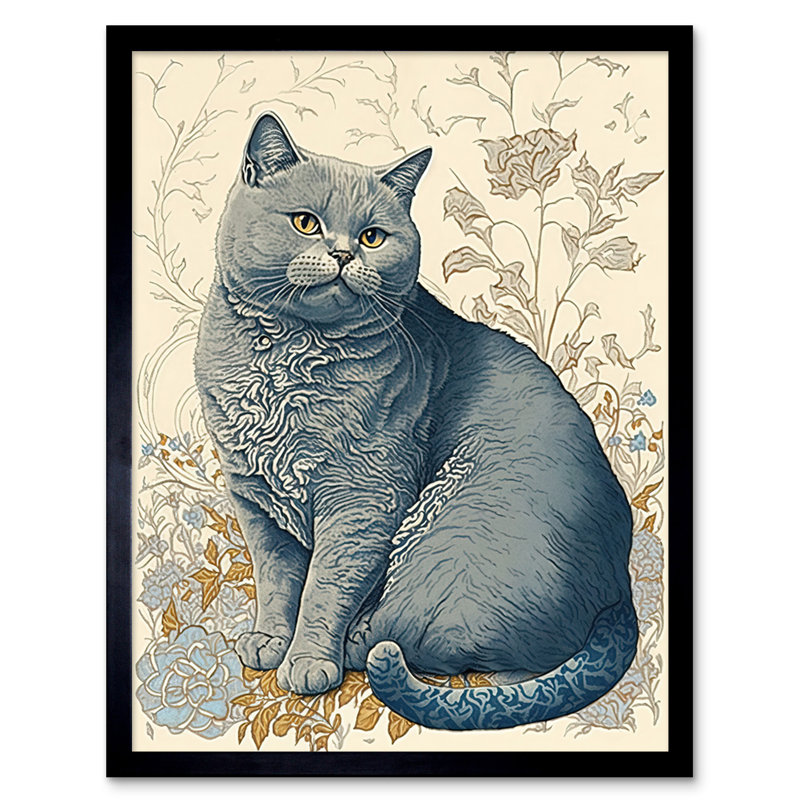 William Morris Inspired Cat Portrait With Flowers Modern - Single Picture Frame Print
