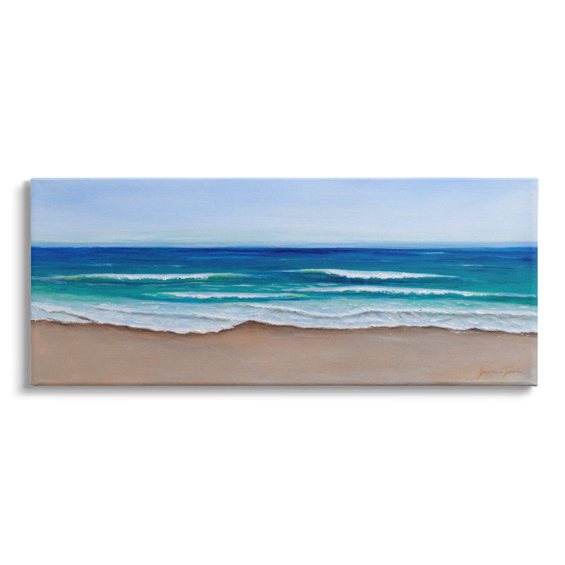 «Vibrant Blue Beach Coast Ocean Shoreline», peinture panoramique sur toile tendue surdimensionnée par Lauren Jane