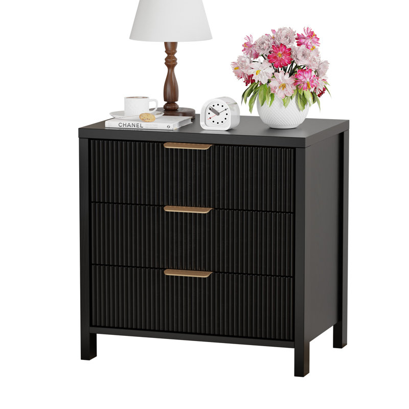 Modern Fluted Bedside Table with 3 Drawers, Black, Individual