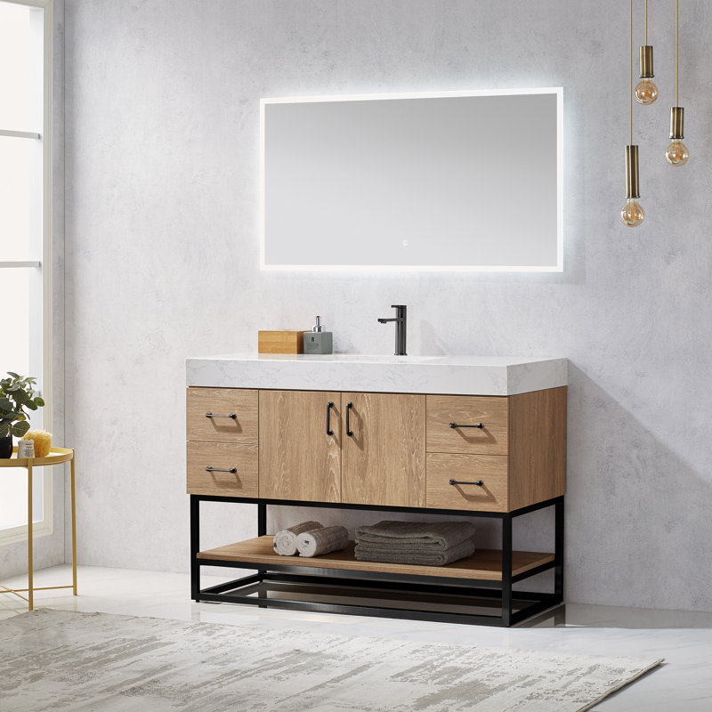 Ensemble de meuble-lavabo simple 48 po Alistair, Noir mat, Chêne naturel, Blanc