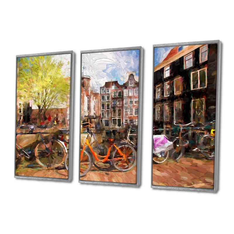 Amsterdam City Artwork - Ensemble de 3 toiles encadrées, H 28 po x l 36 po, Cadre argenté