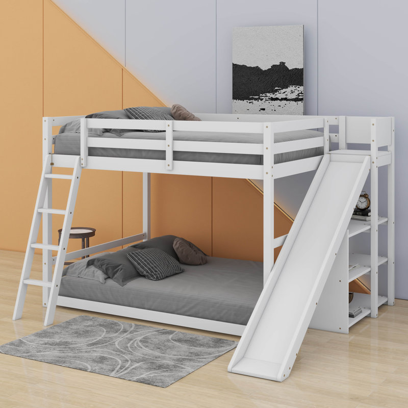 Lit superposé double sur double avec glissière et tablettes, Blanc