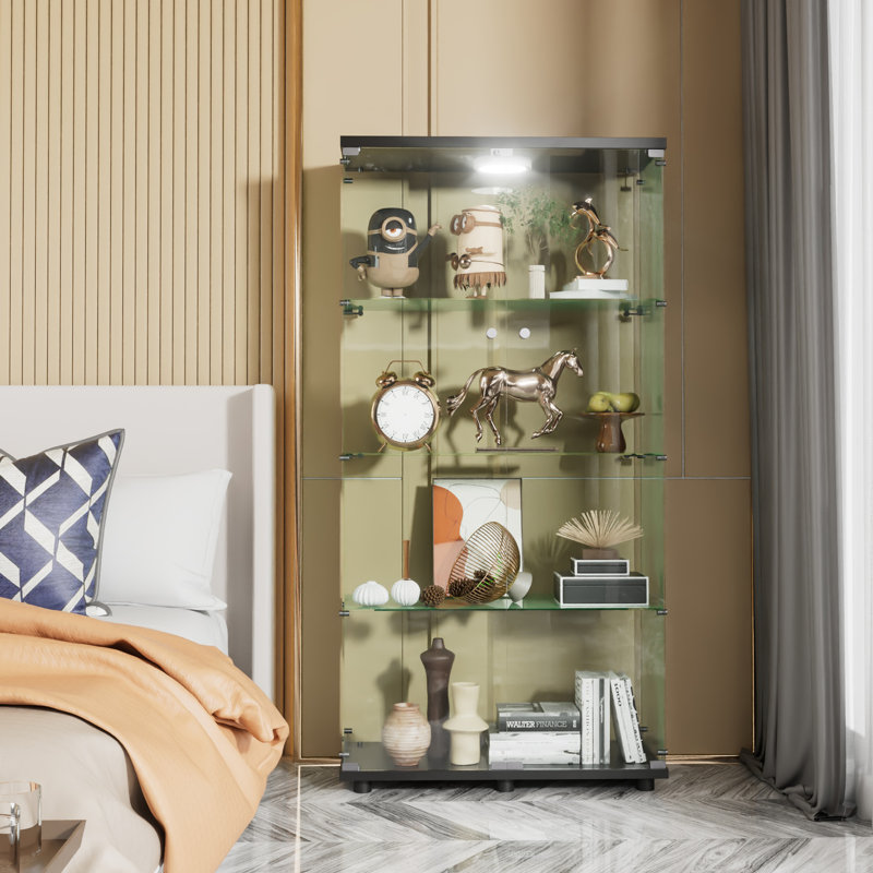 Jillion 4-Shelf Glass Display Cabinet, Curio Cabinet, Side By Side Door, Black